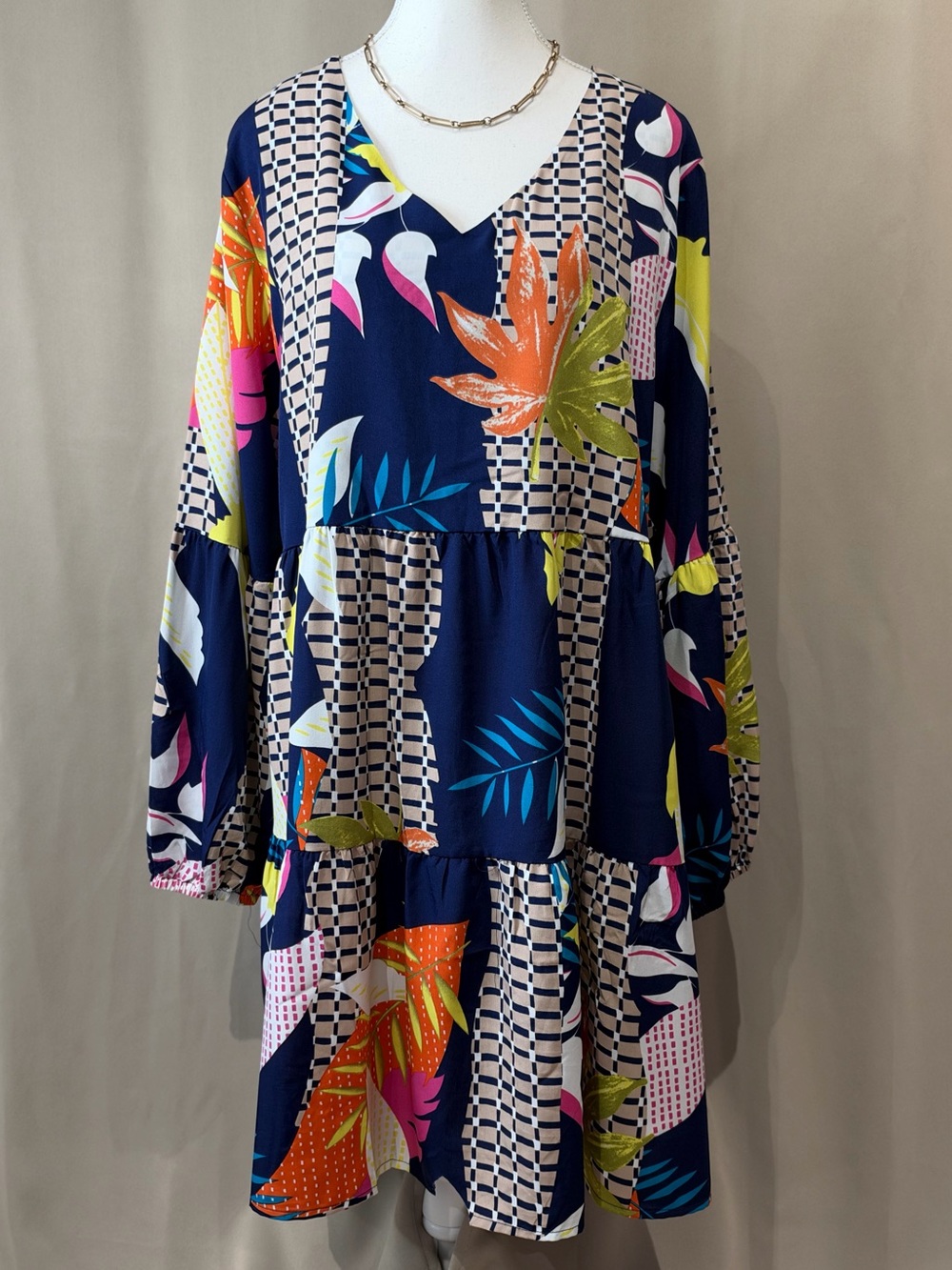 Women’s Boho Tiered Mini Dress Long Sleeve Size XL 💙🧡💛🩵🩷